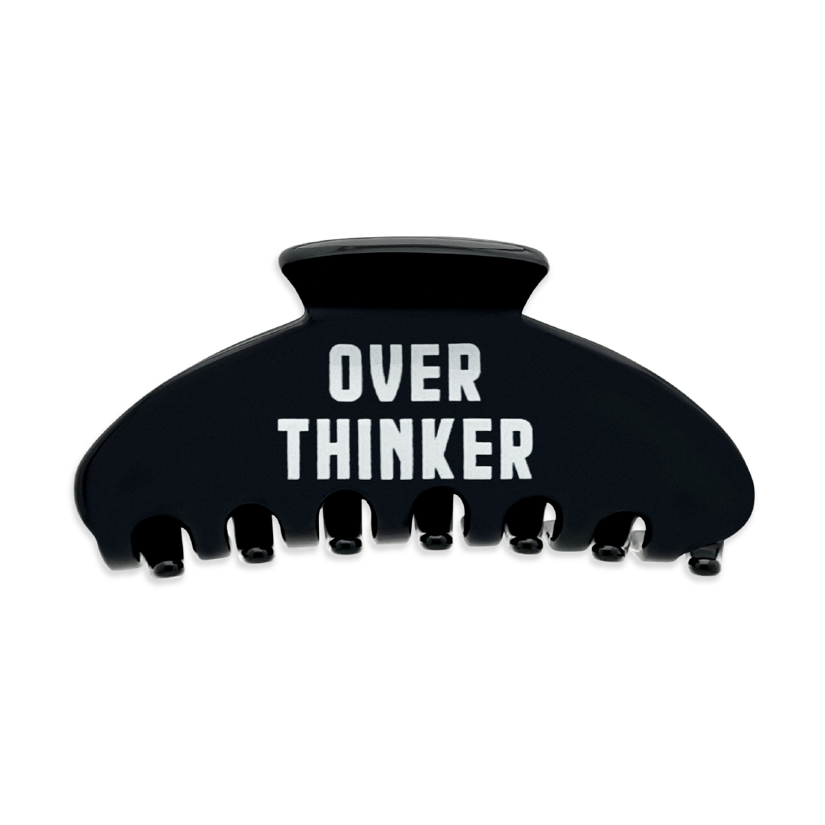 Front view of a black claw clip with “Over Thinker” text on a white background.