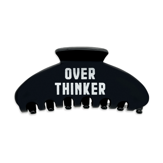 Front view of a black claw clip with “Over Thinker” text on a white background.