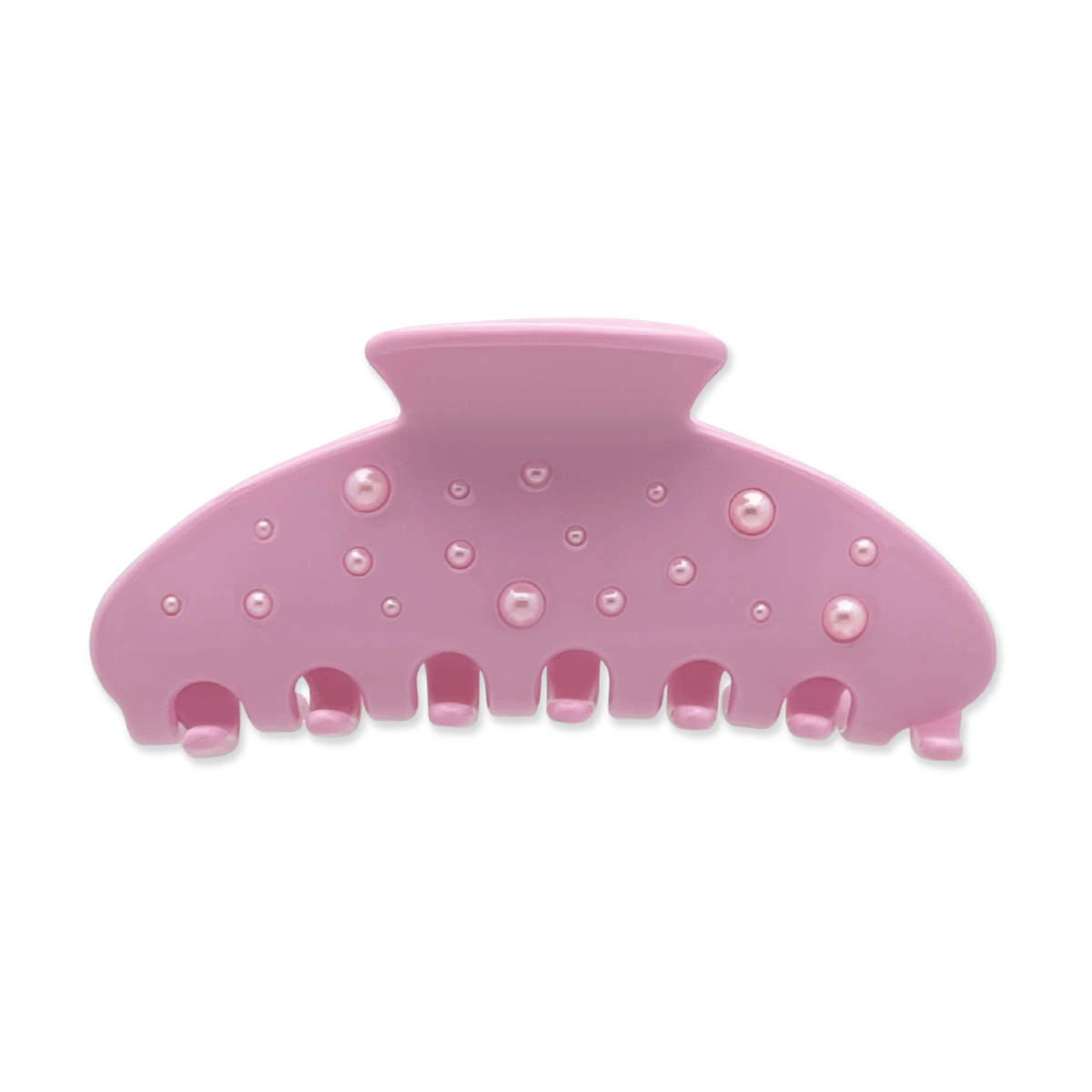Front view of a pink claw clip with scattered faux-pearl accents on a white background.