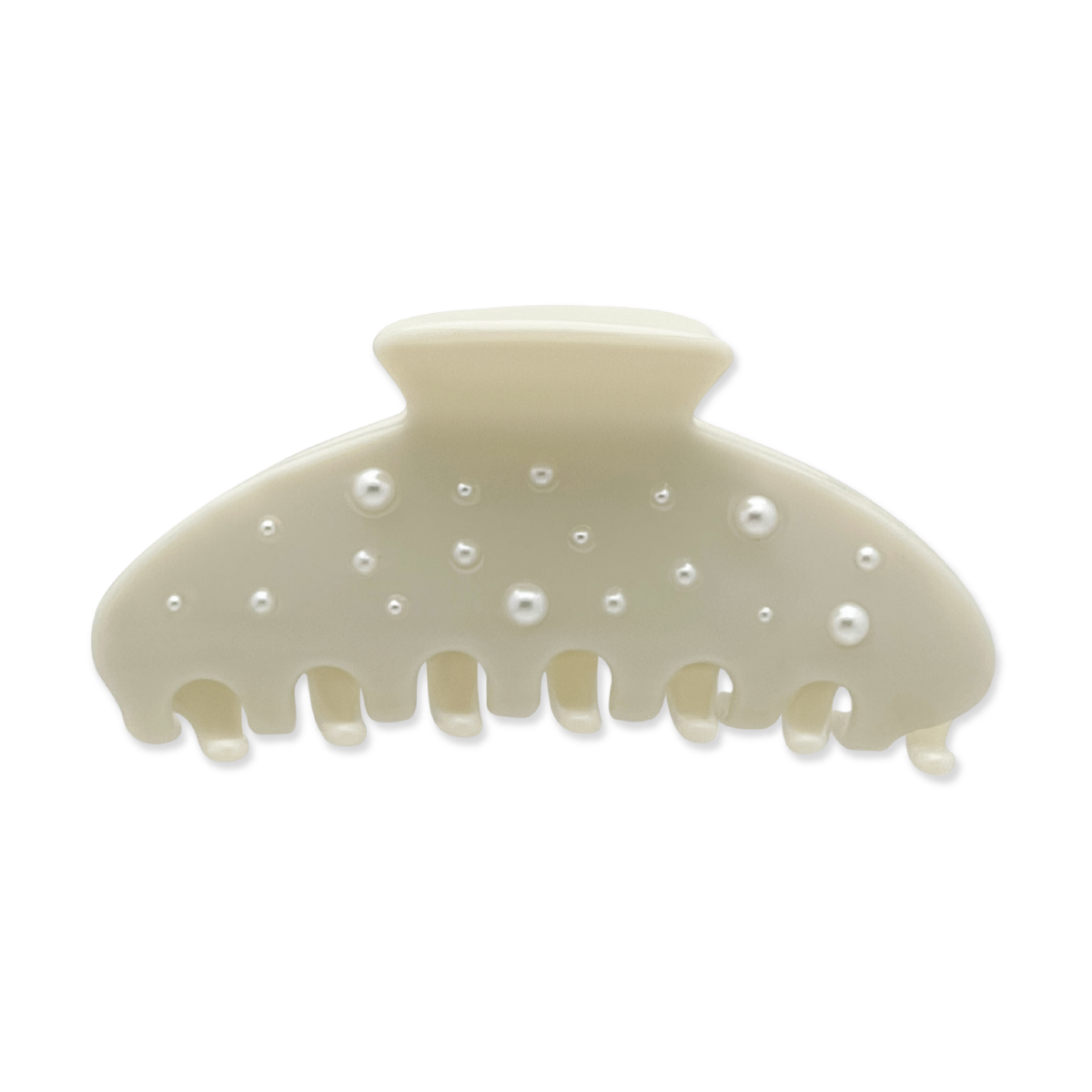 Front view of a white claw clip with scattered faux-pearl accents on a white background.