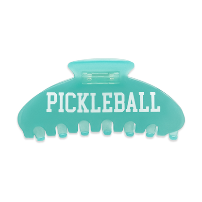 Front view of a teal claw clip with “Pickleball” text on a white background.