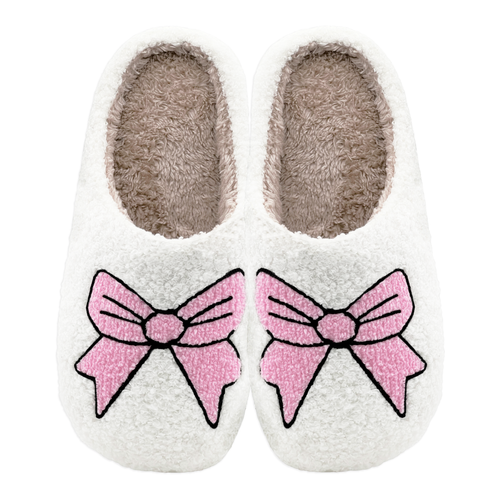 Pair of plush slippers with large pink bow design on the front.