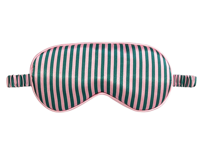 Front view of a pink, green, and white striped satin eye mask.