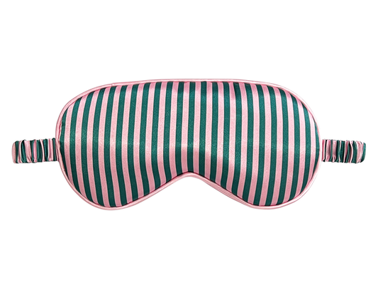 Front view of a pink, green, and white striped satin eye mask.