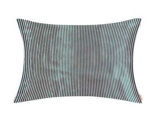 Pink, green, and white striped satin pillowcase shown on a white background.