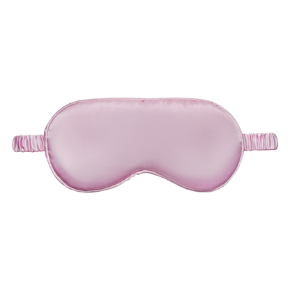 Front view of a pink satin sleep eye mask with an elastic ruched strap, shown on a white background.
