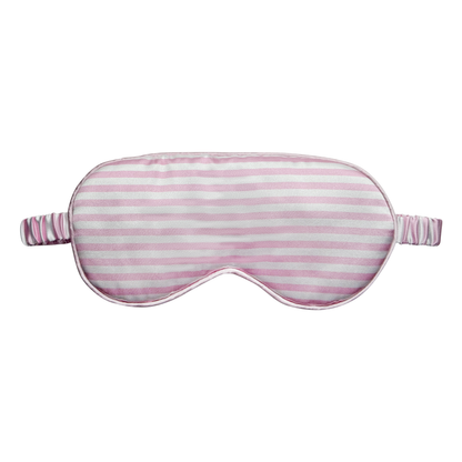 Front view of a light pink and white striped satin sleep eye mask with a pink-and-white striped elastic ruched strap, shown on a white background.