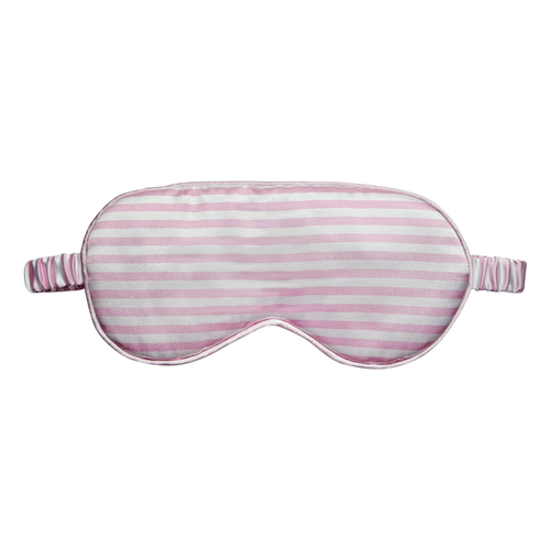 Front view of a light pink and white striped satin sleep eye mask with a pink-and-white striped elastic ruched strap, shown on a white background.