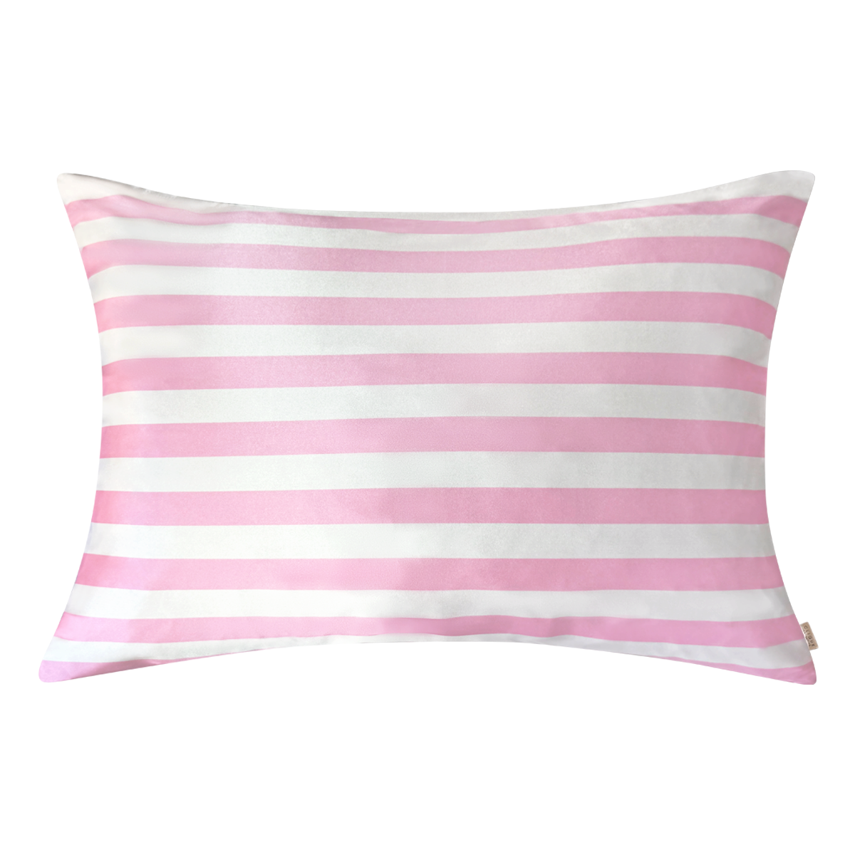 Smooth pink and white striped satin pillowcase with a soft sheen, shown on a white background.