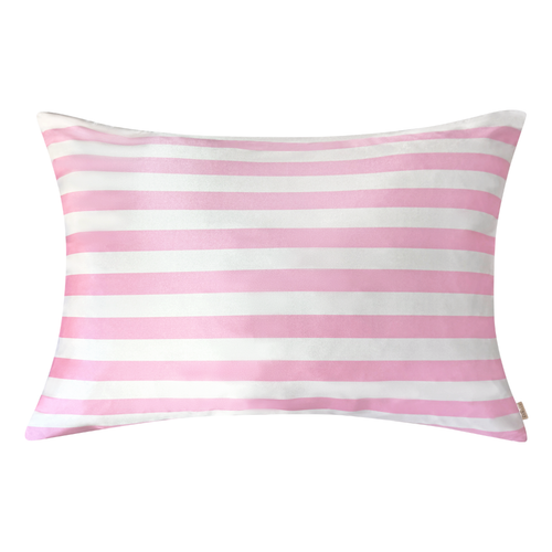 Smooth pink and white striped satin pillowcase with a soft sheen, shown on a white background.