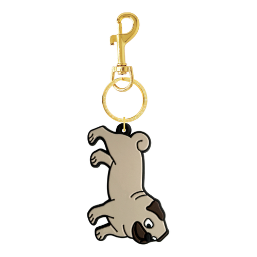 Beige pug dog bag charm with black details and gold-tone hardware