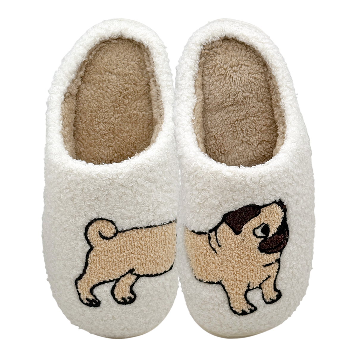 Pair of white slippers with pug design on a white background