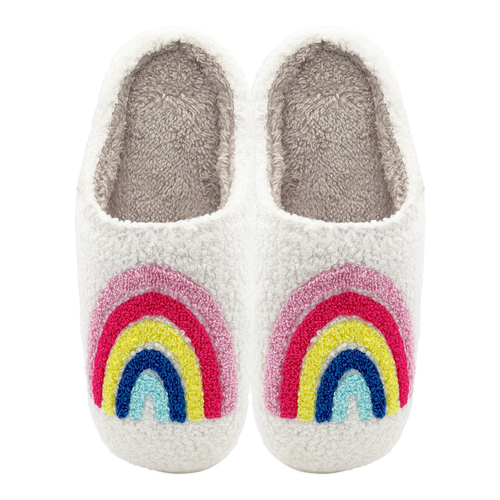 Pair of plush slippers with colorful rainbow design on the front.