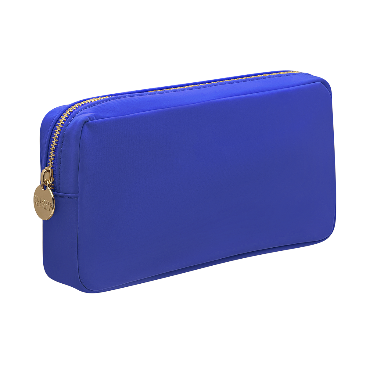 Royal blue small cosmetic pouch with gold zipper and round gold zipper puller.