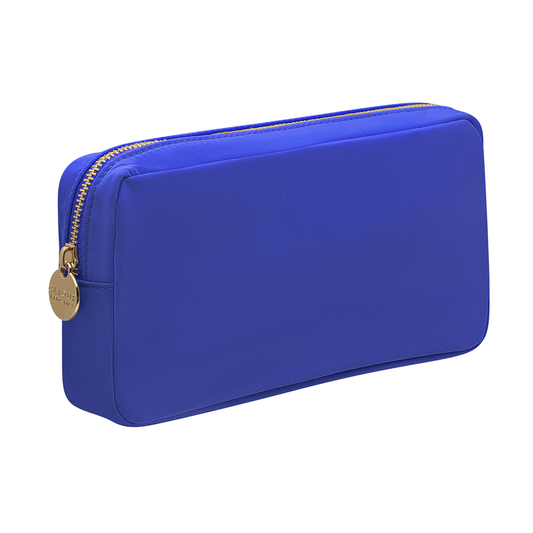 Royal blue small cosmetic pouch with gold zipper and round gold zipper puller.