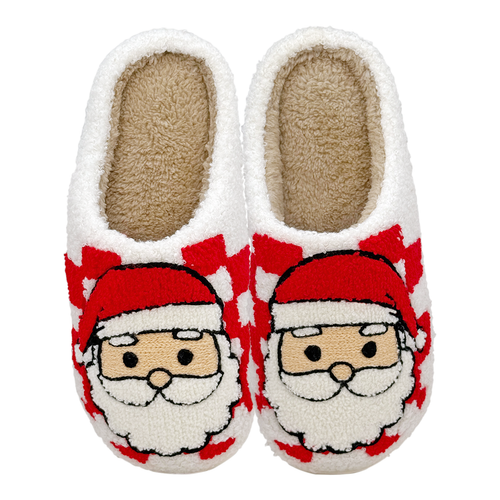 Pair of slippers with Santa Claus design on a white background