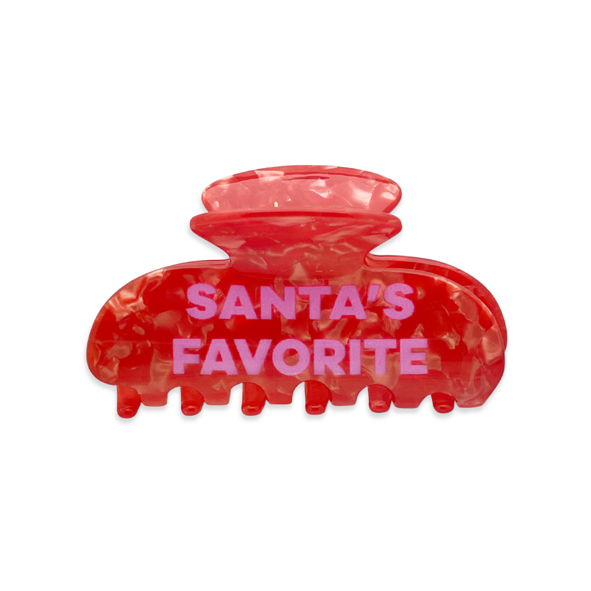 Front view of a red marble claw clip with “Santa’s Favorite” text on a white background.