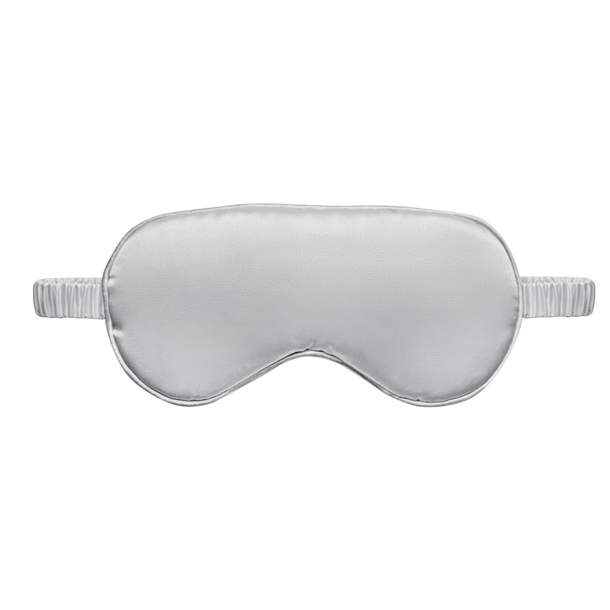 Front view  of a light silver satin sleep eye mask with an elastic ruched strap, shown on a white background.