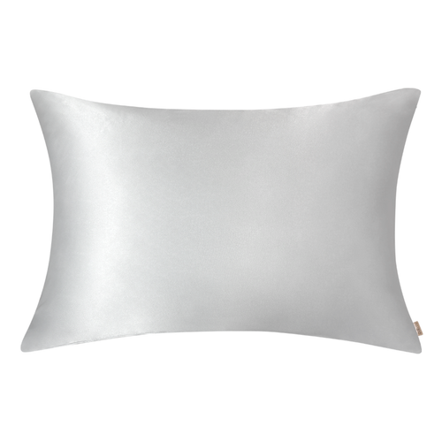 Smooth silver satin pillowcase with a soft sheen, shown on a white background.