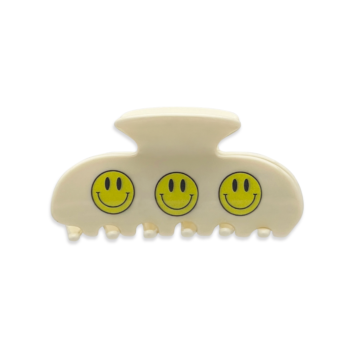 Front view of a beige claw clip with three yellow smiley face designs on a white background.