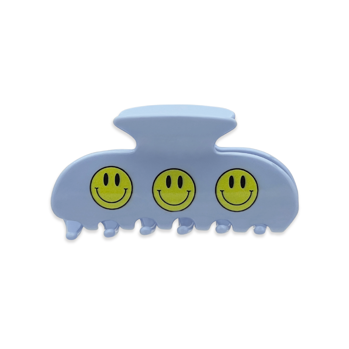 Front view of a blue claw clip with three yellow smiley face designs on a white background.