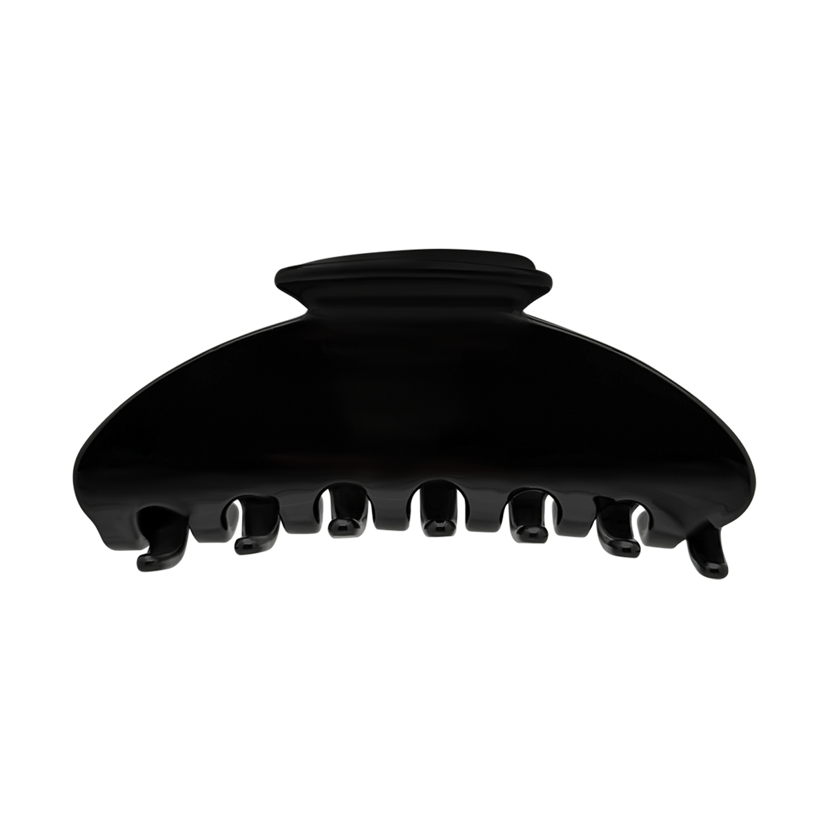 Front view of a solid black claw clip on a white background.