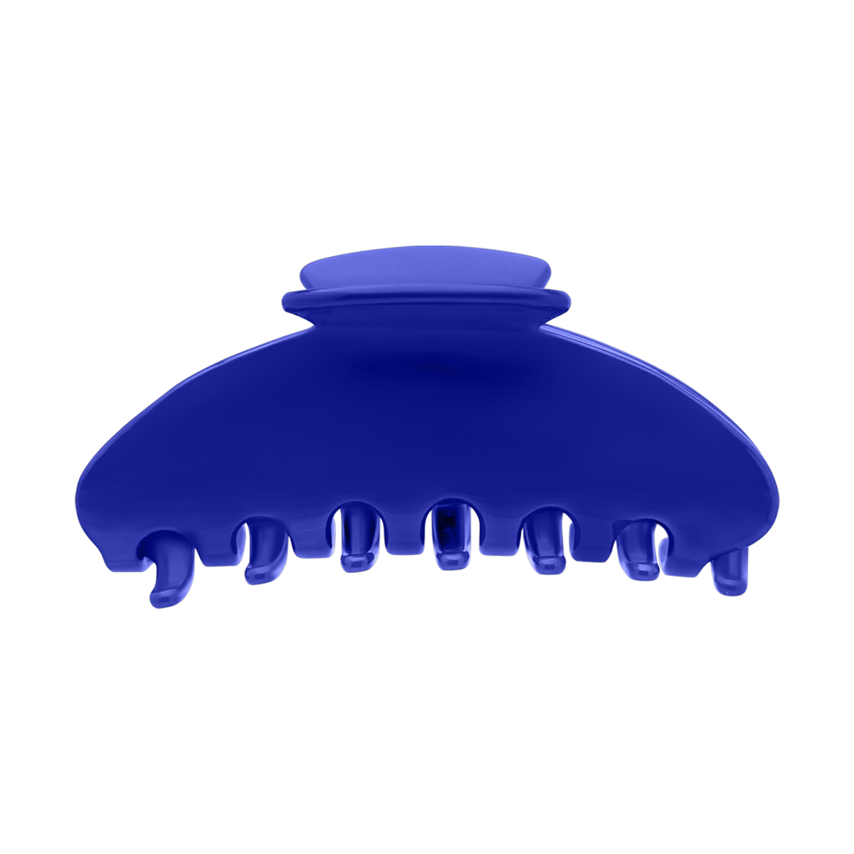 Front view of a solid blue claw clip on a white background.