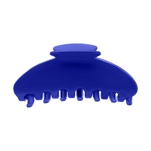 Front view of a solid blue claw clip on a white background.