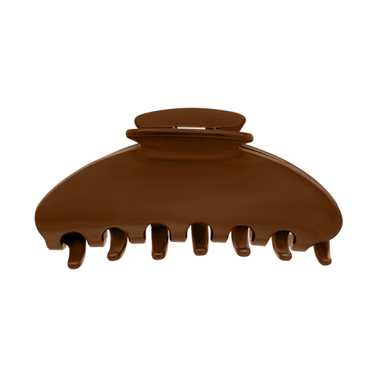 Front view of a solid brown claw clip on a white background.