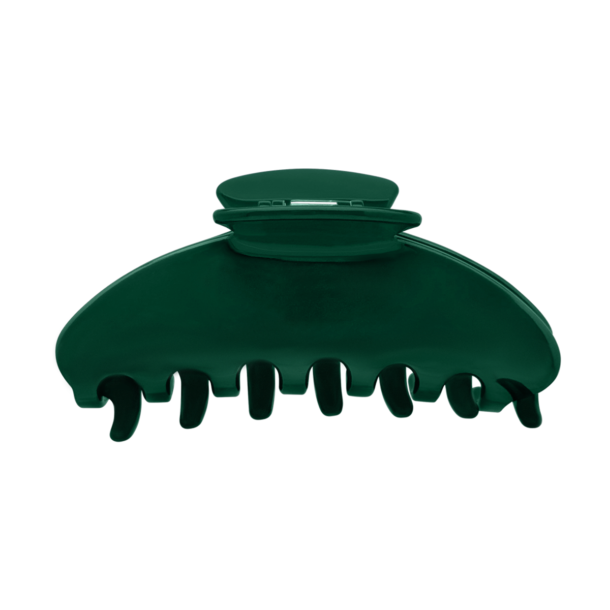 Front view of a solid green claw clip on a white background.