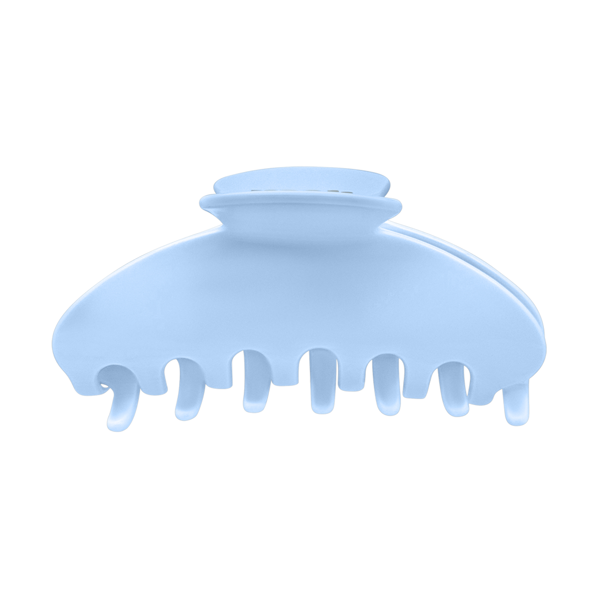 Front view of a solid light blue claw clip on a white background.