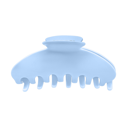 Front view of a solid light blue claw clip on a white background.