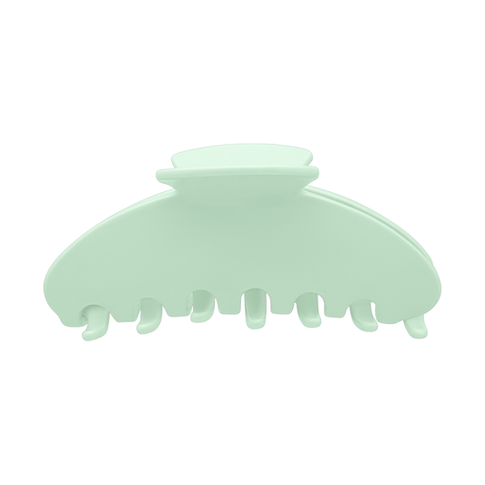 Front view of a solid pistachio green claw clip on a white background.