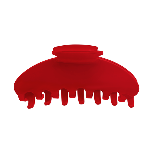 Front view of a solid red claw clip on a white background.