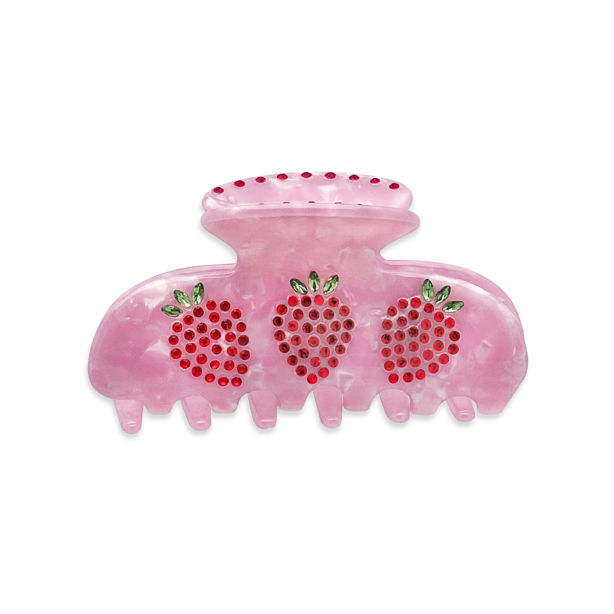 Front view of a pink marble claw clip with red and green rhinestone strawberry design on a white background.