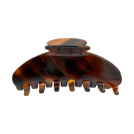 Front view of a mahogany brown marbled claw clip.