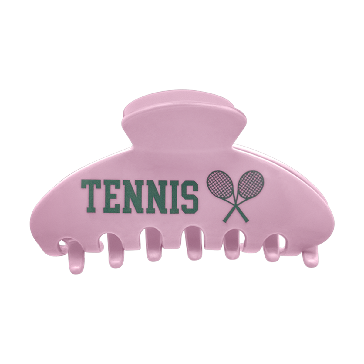 Front view of a pink claw clip with tennis design on a white background.