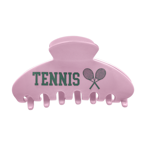 Front view of a pink claw clip with tennis design on a white background.