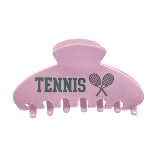 Front view of a pink claw clip with tennis design on a white background.