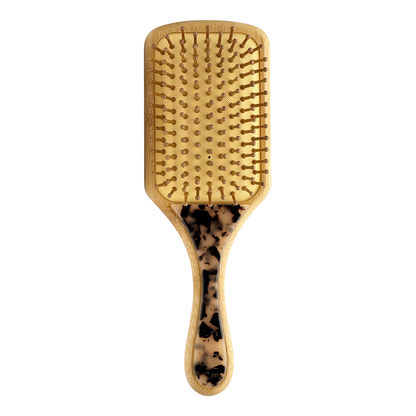 Back view of blonde tortoise paddle hairbrush with bamboo body and bristles.