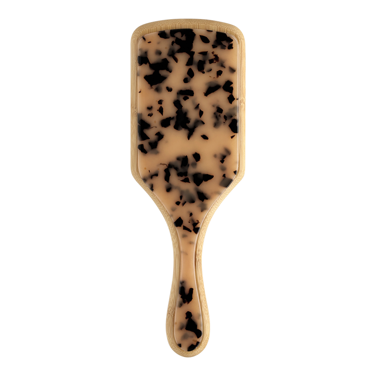 Front view of blonde tortoise paddle hairbrush with bamboo body.