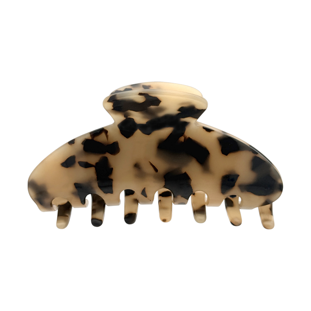Front view of a blonde tortoise-pattern claw clip on a white background.