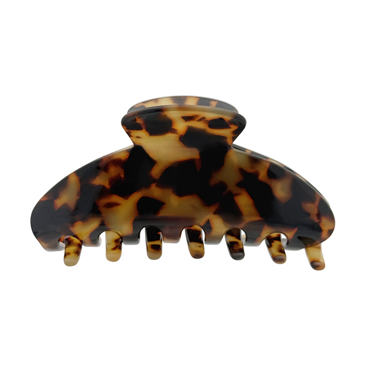 Front view of a classic tortoise-pattern claw clip on a white background.