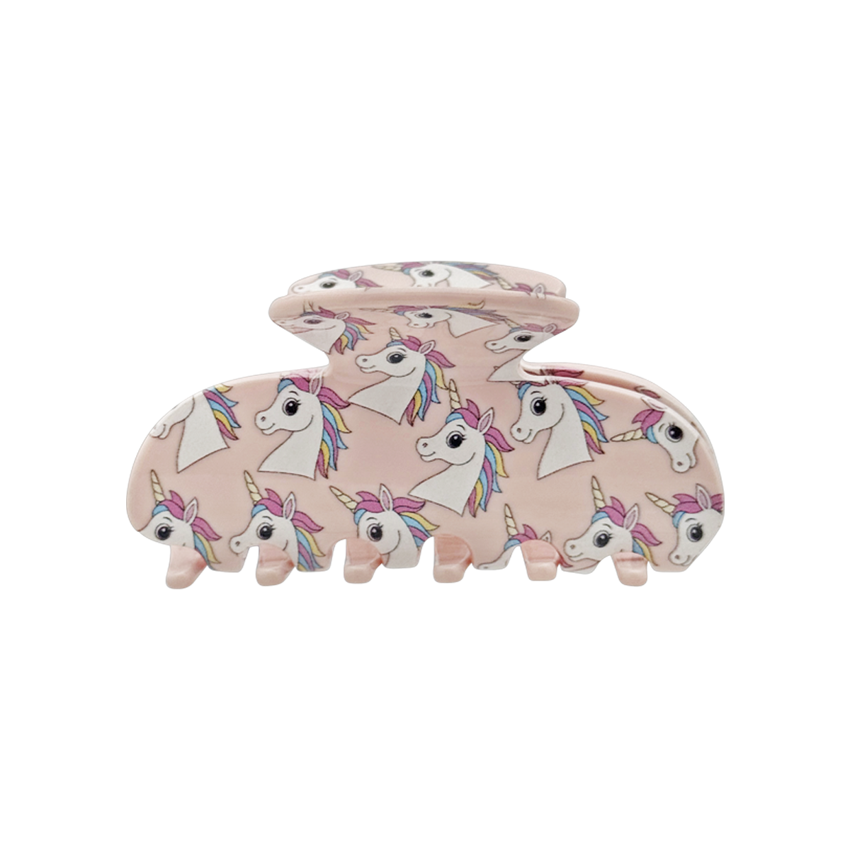 Front view of a pink unicorn-patterned claw clip on a white background.